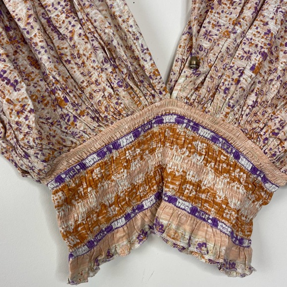 Free People Ivory Combo Smocked Elastic V-Neck Blouse NWT Size XS - Picture 3 of 8